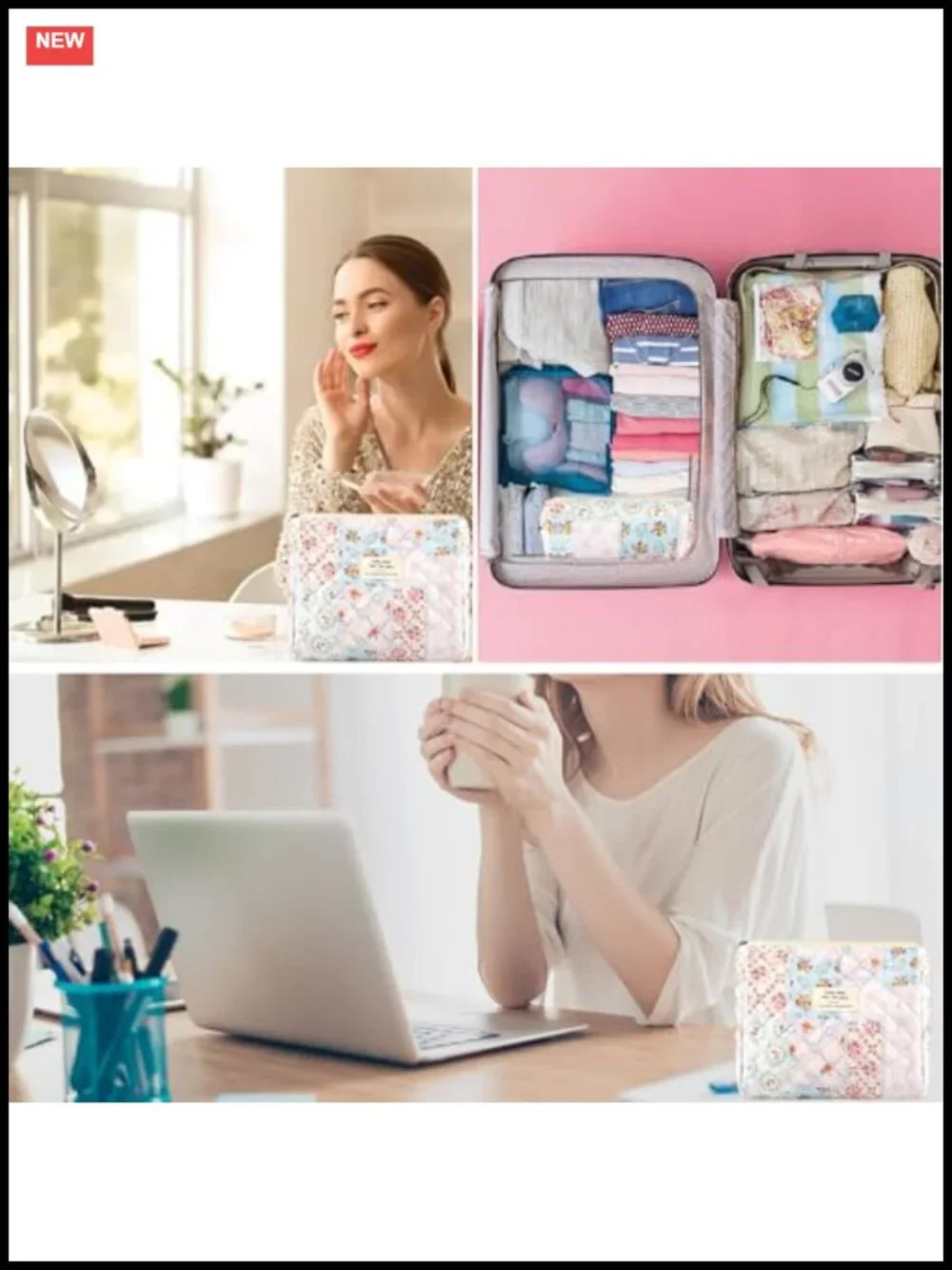 Quilted Cotton Makeup Bag Set - Floral Pouch Travel Organizer & Brush Holder